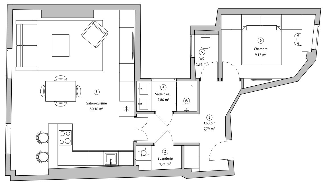 Le même appartement après réagencement : salon-cuisine de 30 m² réunissant réception et cuisine, chambre indépendante.