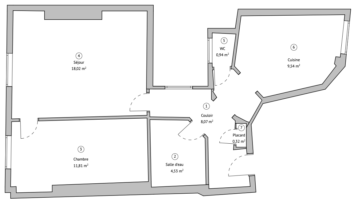 Appartement de 53 m² à Paris, disposition en U : cuisine isolée, chambre accessible uniquement depuis le salon.