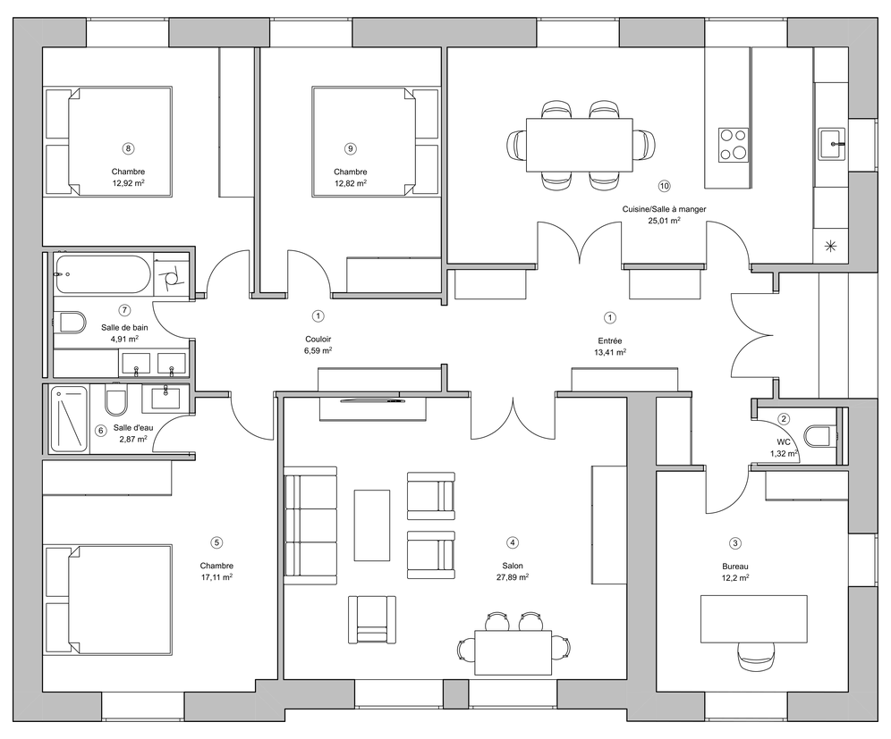 La même maison après réagencement : entrée créée, cuisine et salle à manger réunies, chambre transformée en suite.