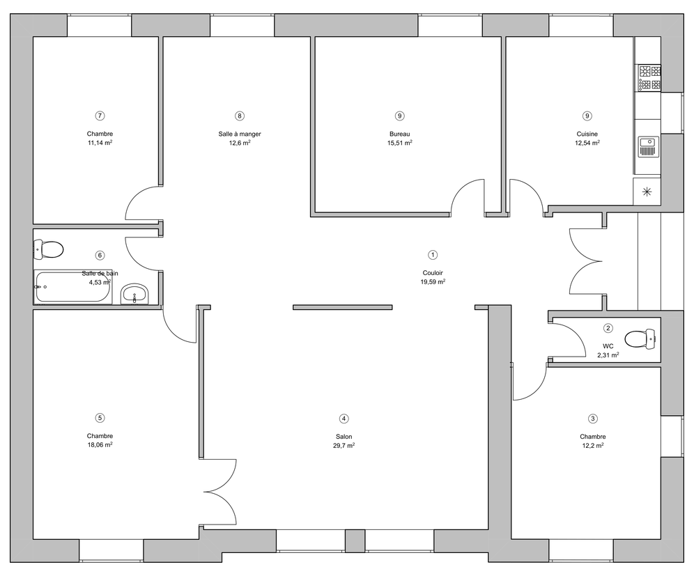Maison de 138 m² dans les Hauts-de-Seine, plan existant : couloir surdimensionné et une seule salle de bain pour trois chambres.