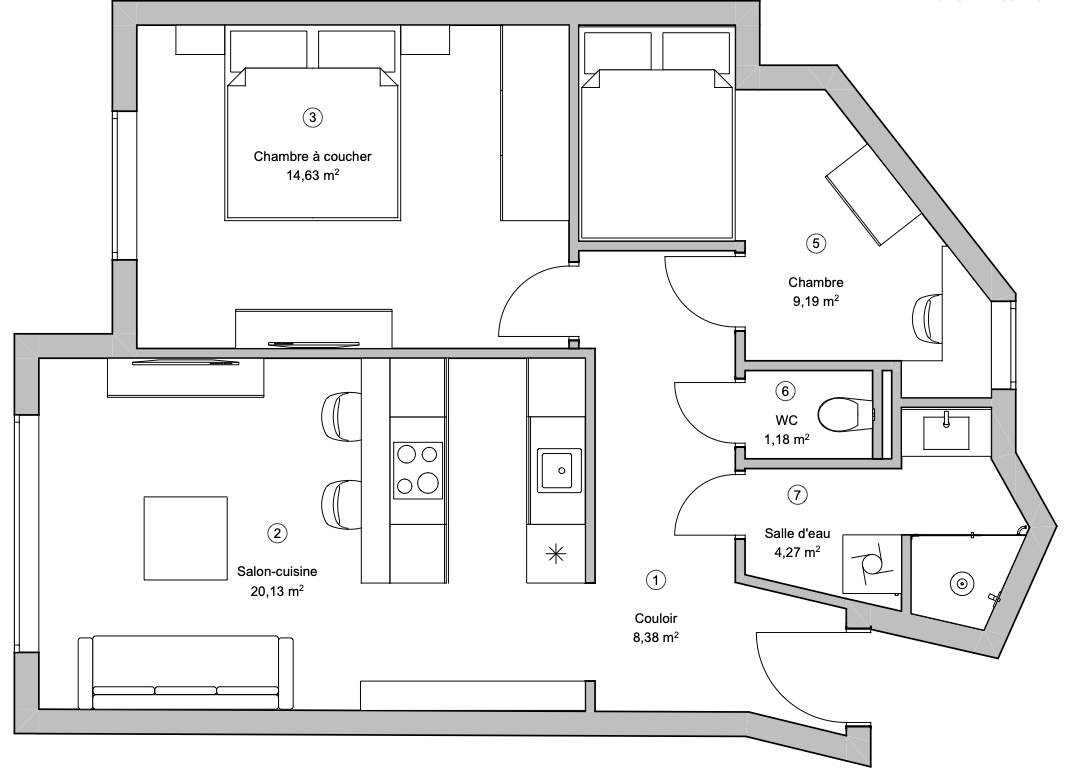 Le même appartement après réagencement : couloir réduit, seconde chambre créée et salon-cuisine ouvert.