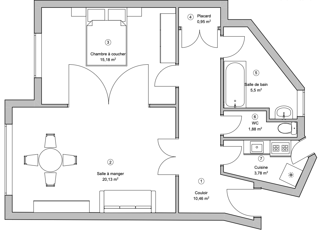 Appartement de 58 m² à Paris : plan existant avec un couloir surdimensionné et une chambre ouverte sur la salle à manger.