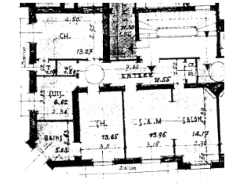 Plan existant d'un T3 parisien de 89 m² : cuisine fermée, salle à manger séparée du salon.