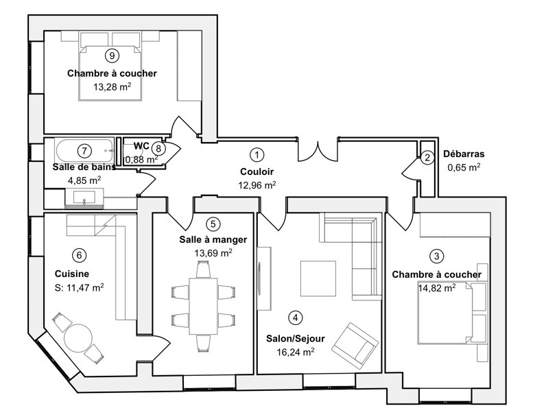 Proposition 1 : cuisine et salle de bains inversées, vue d'angle depuis la cuisine.