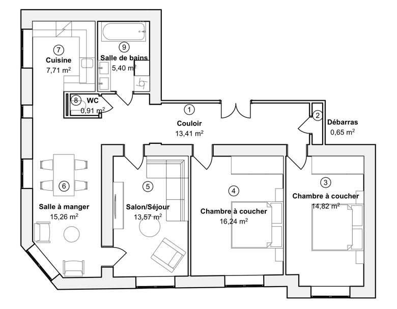 Étape 2 : trois propositions de réagencement du même appartement.