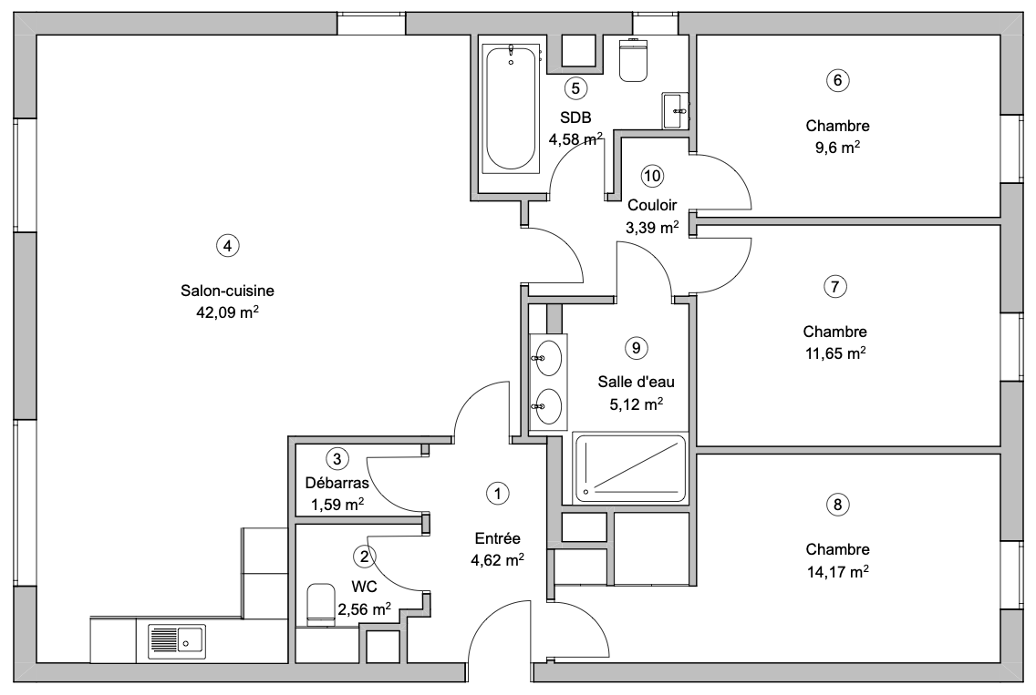 T4 de 99 m² à Paris 16e, plan existant : couloir fragmenté par un WC et un débarras séparés, entrée ouvrant directement sur une chambre.