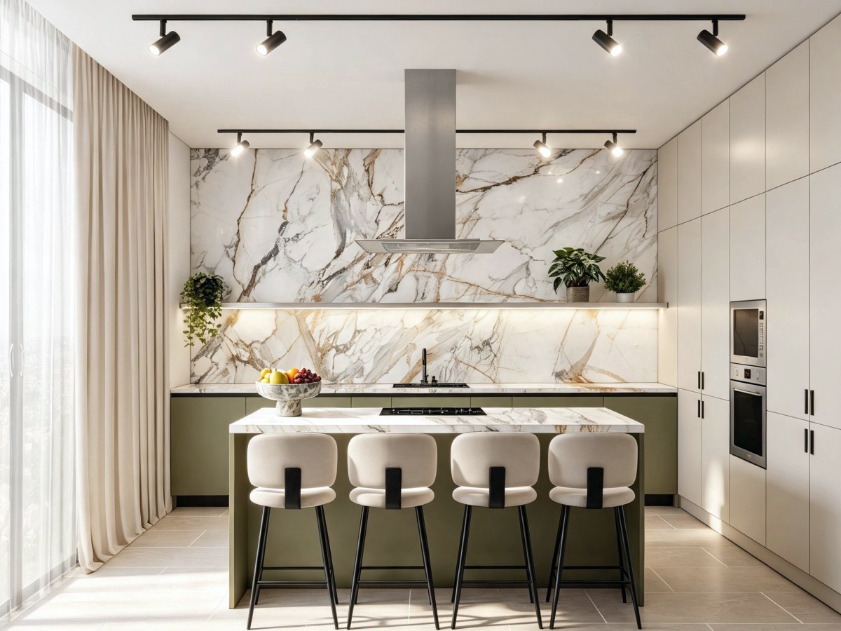 Visualisation 3D d'une cuisine ouverte : îlot central, façades vert olive et crédence en marbre veiné.