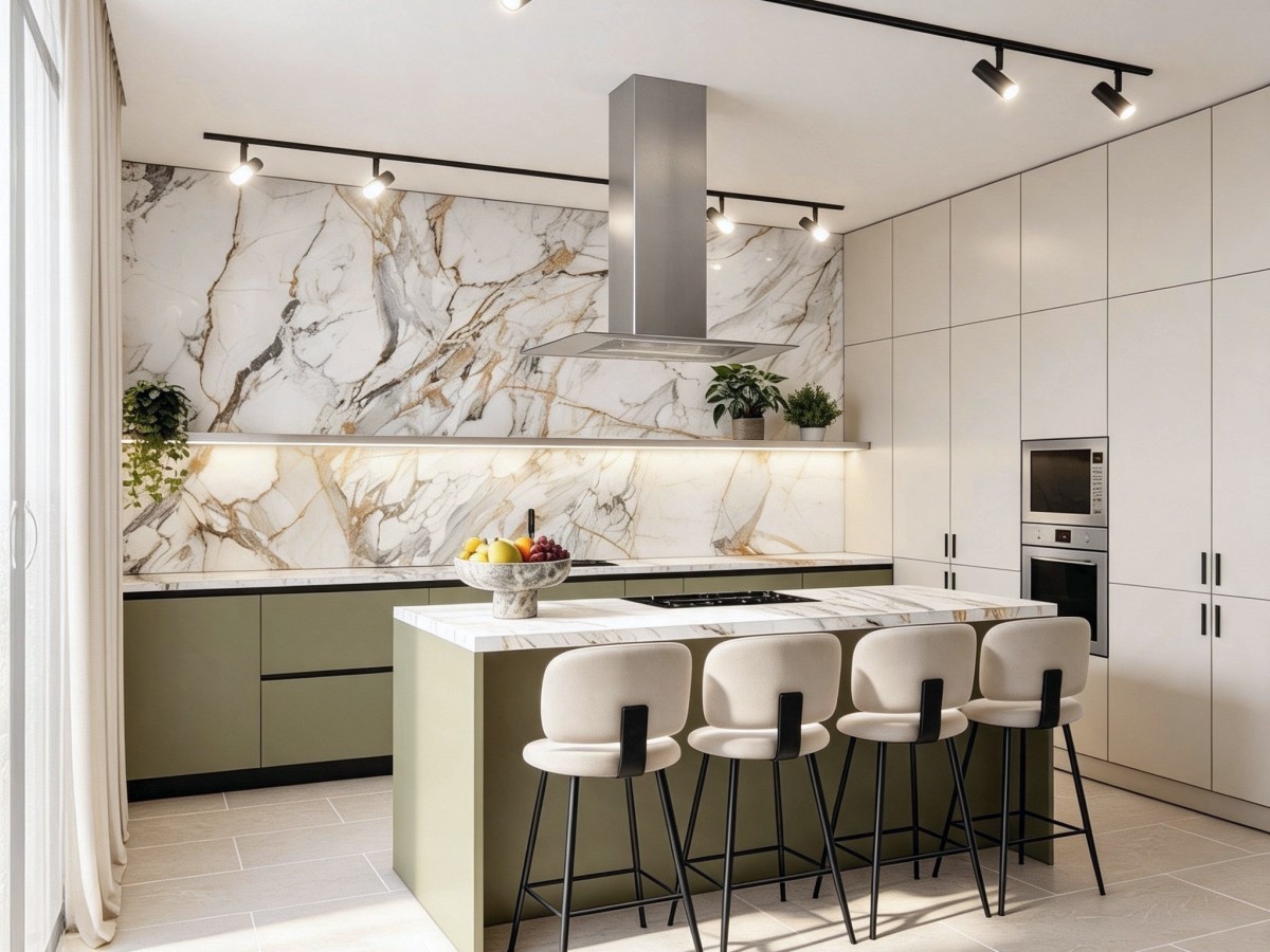 La même cuisine visualisée sous un autre angle, avec hotte îlot et rangements sur mesure.