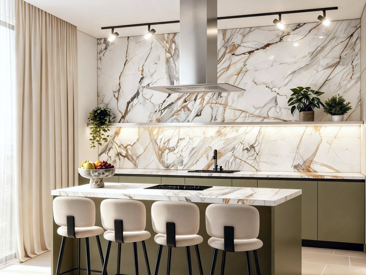 Détail de la zone évier et cuisson de la même cuisine, en visualisation 3D.